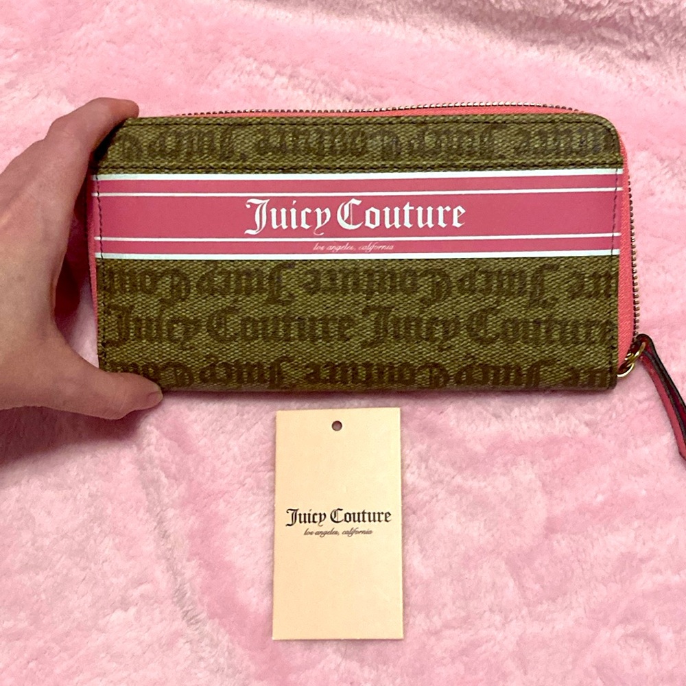 NWT Pink & Tan Juicy Couture Gothic Logo Stripe full-length zip-around wallet